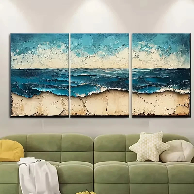 3pcs , Textured Turquoise Beige Abstract Metal Print Ready to Hang Art - Bella Home Decor