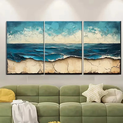3pcs , Textured Turquoise Beige Abstract Metal Print Ready to Hang Art - Bella Home Decor