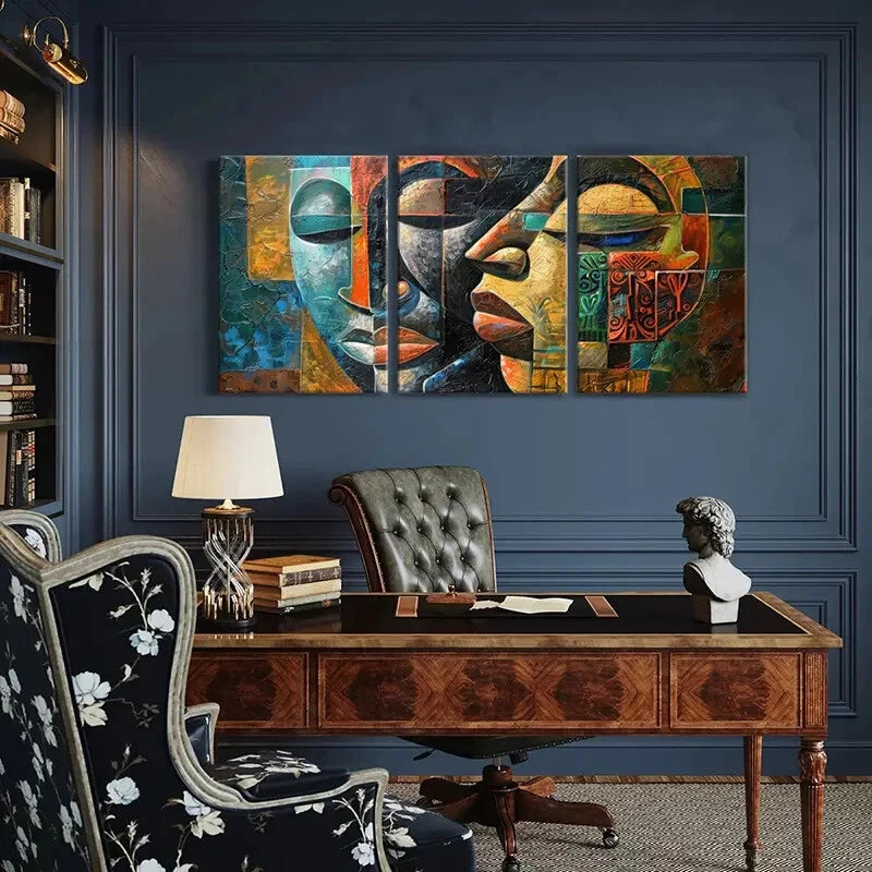 3pcs Abstract Faces Art Geometric Design Metal Print Ready to Hang Art - Bella Home Decor