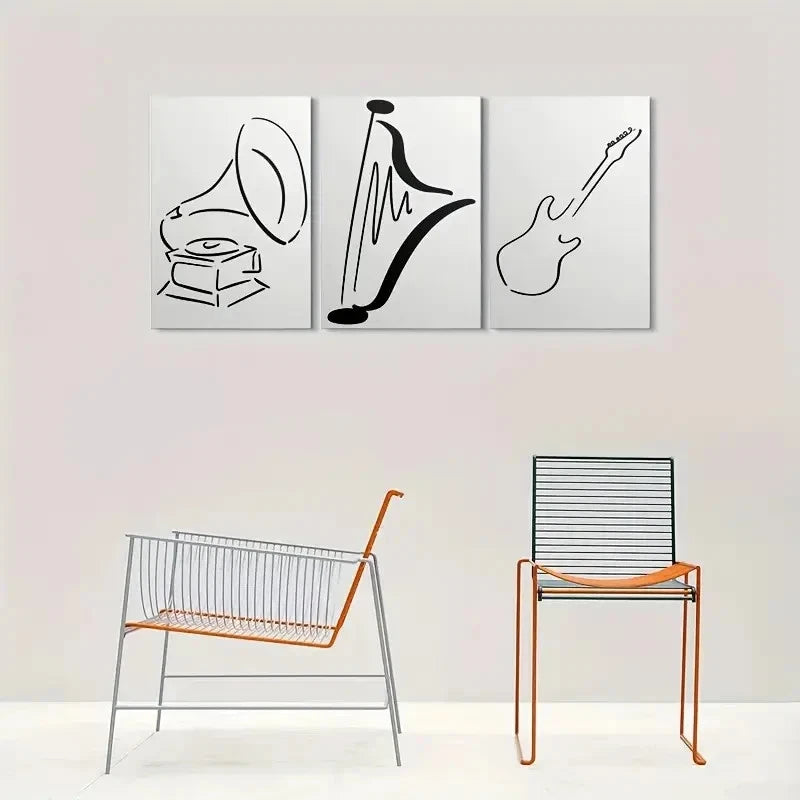 3pcs Black Line Drawing Musical Instruments Metal Print Ready to Hang Art - Bella Home Decor