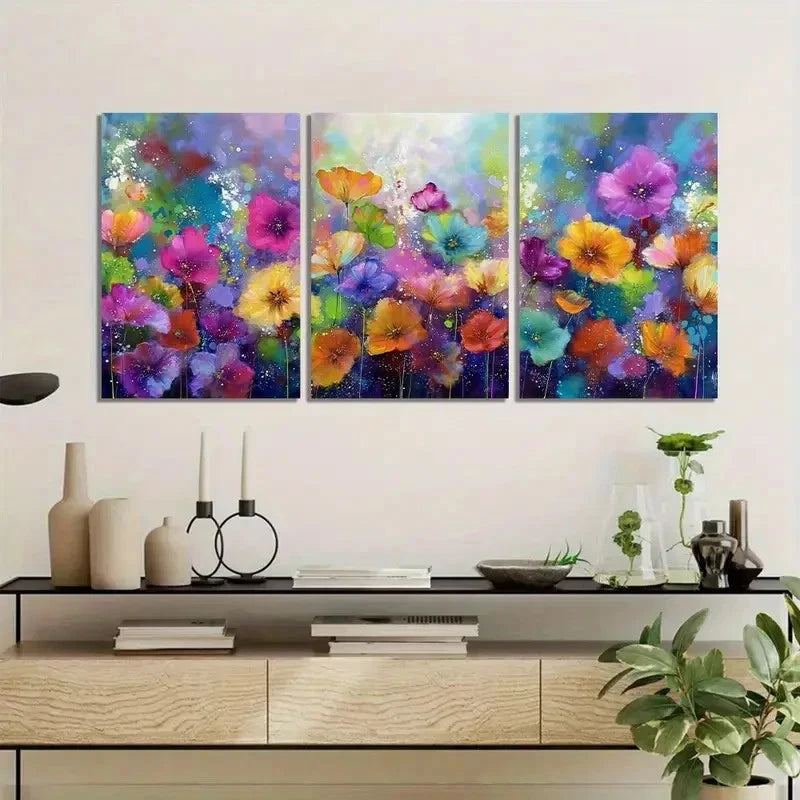 3pcs Colorful Floral Garden with Bokeh Effects Metal Print Ready to Hang Art - Bella Home Decor