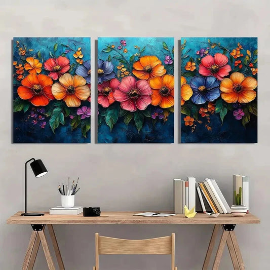 3pcs Vibrant Floral Colorful Daisy and Pansy Metal Print Ready to Hang Art