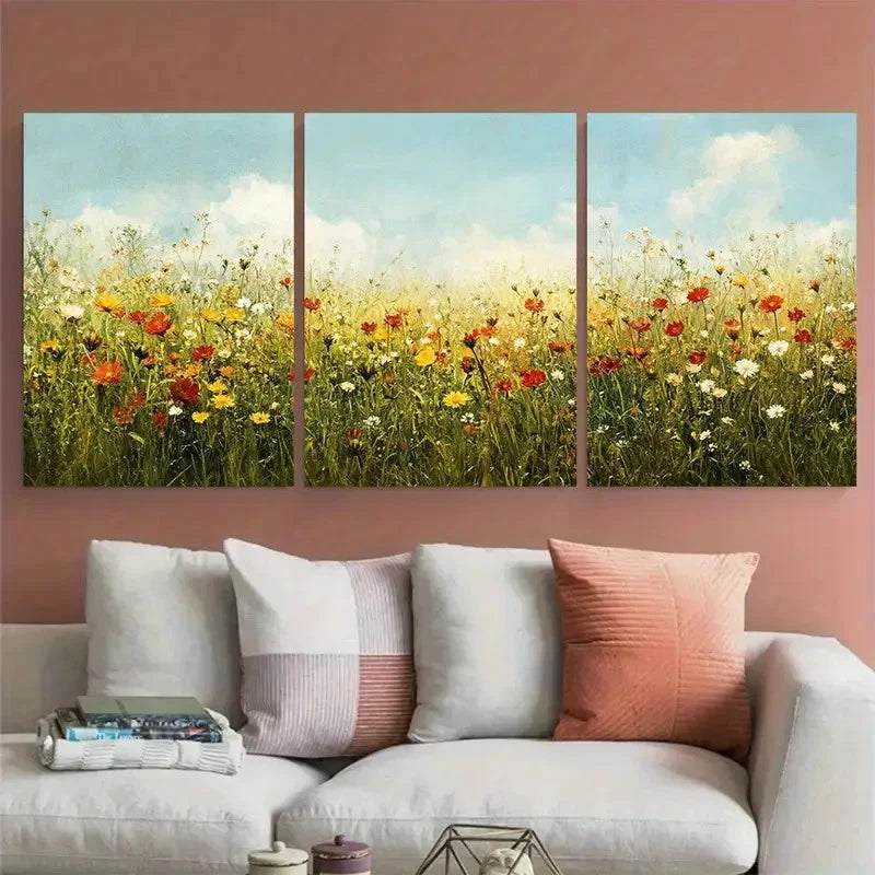 3pcs Summer Bliss Vintage Wildflower Field Wall Art Set Canvas Framed 60x90cm - High Quality Print 100% Australian Made Wall Canvas Ready to Hang