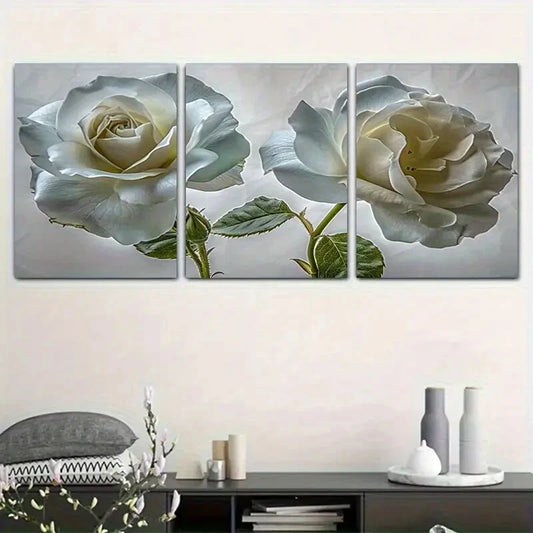 3pcs 3-Panel Elegant White Rose Canvas Metal Print Ready to Hang Art