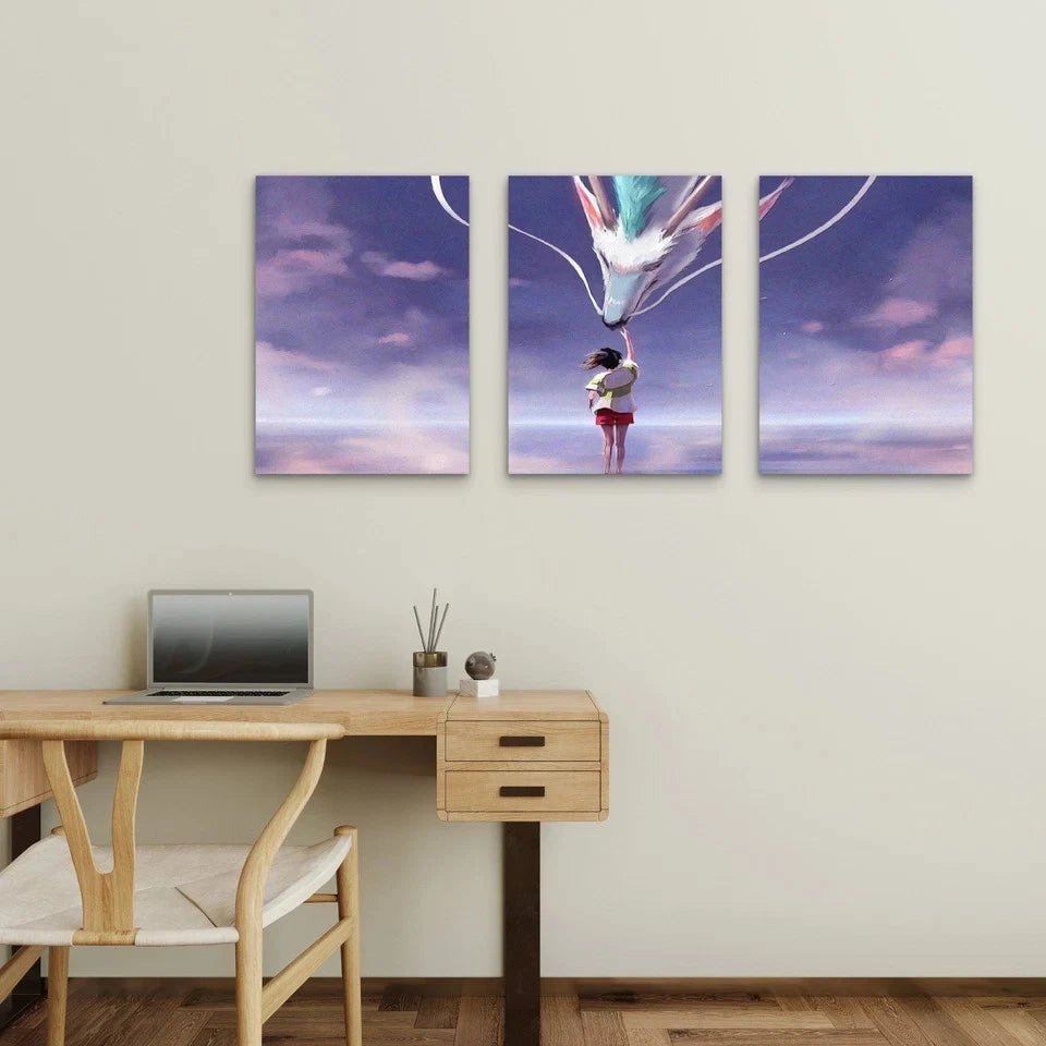 3pcs Mythical White Fantasy Dragon Pastel Cloud Wall Art Set Canvas Framed 50x70cm - High Quality Print 100% Australian Made Wall Canvas Ready to Hang