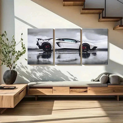 3pcs White Lambo Super Car Modern Vehicle Wall Art Set Canvas Framed 60x90cm - High Quality Print 100% Australian Made Wall Canvas Ready to Hang