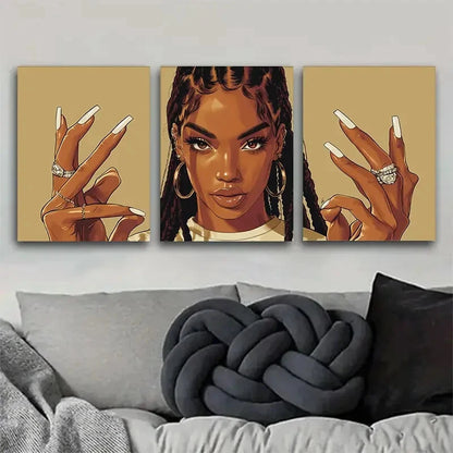 3pcs African American Girl with Long Nails Metal Print Ready to Hang Art - Bella Home Decor