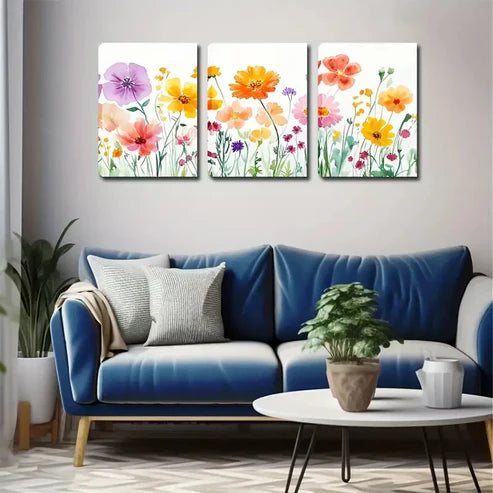3pcs Upward Growing Colorful Flowers Perfect Wall Art Canvas Unframed - High Quality Print 100% Australian Made Wall Canvas
