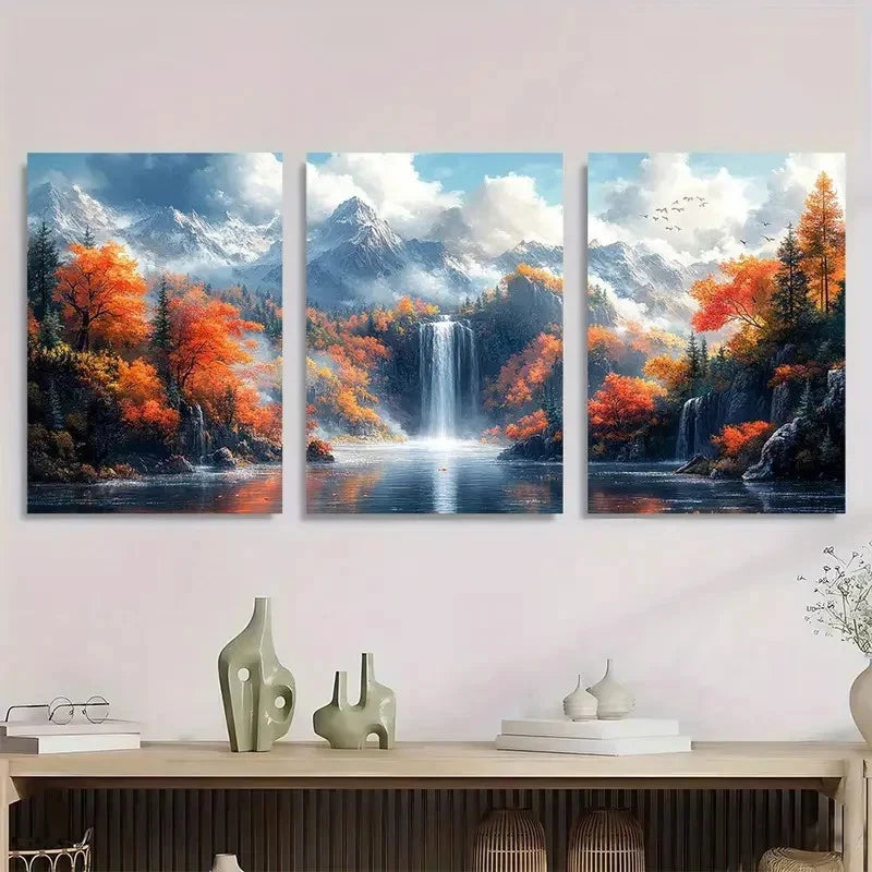 3pcs Vibrant Forest Waterfall & Misty Peaks Scene Metal Print Ready to Hang Art - Bella Home Decor