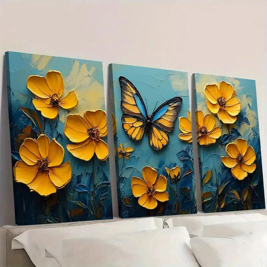 3pcs Yellow Flower Original Art Meadow CB Wall Art Set Canvas Framed 50x70cm - High Quality Print 100% Australian Made Wall Canvas Ready to Hang