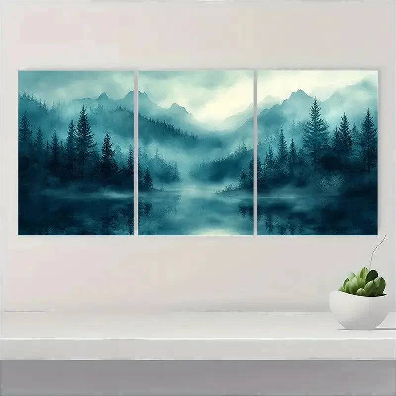 3pcs Foggy Forest Landscape Watercolor Art Metal Print Ready to Hang Art - Bella Home Decor