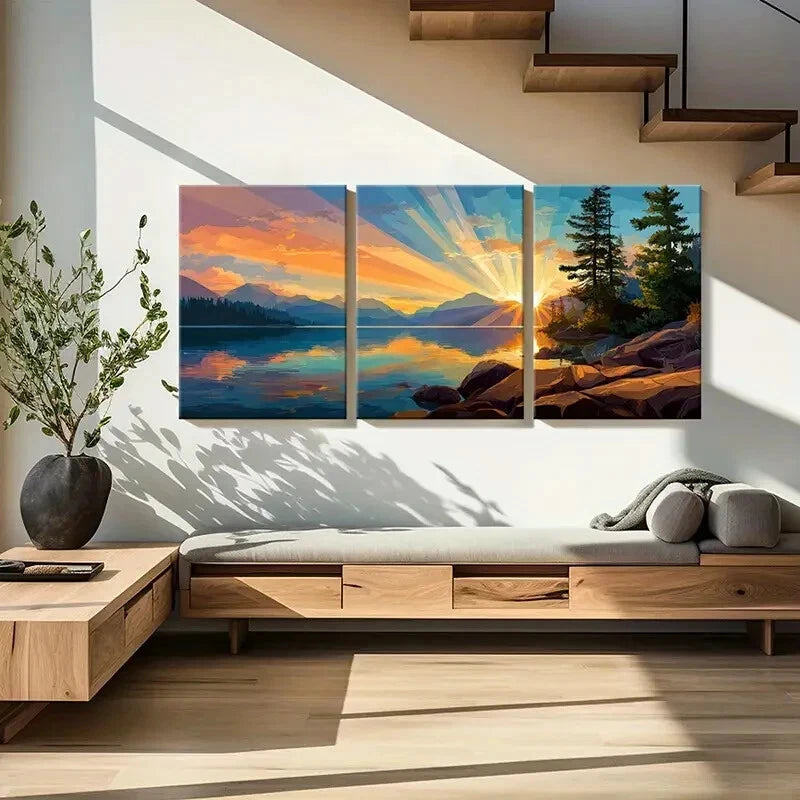 3pcs Sunset Lake Reflection Mountain Landscape Metal Print Ready to Hang Art - Bella Home Decor