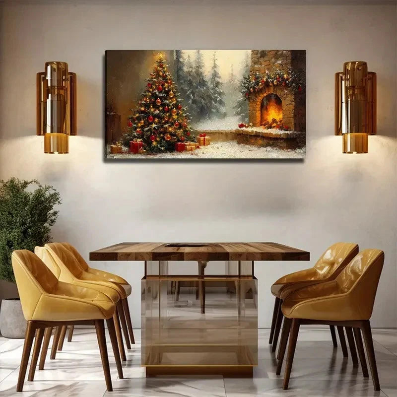 Christmas Fireplace & Decorated Wall Art Canvas Office Home Room Framed 120x60cm