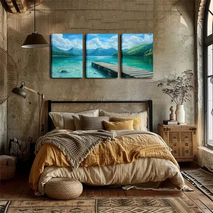 3pcs Green Lake And Wooden Bridge Wall Art Canvas Unframed - High Quality Print 100% Australian Made Wall Canvas