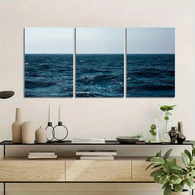 3pcs Vast Ocean with Dark Blue Sea Artwork Metal Print Ready to Hang Art - Bella Home Decor