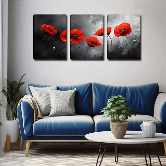 3pcs Deep Red Flowers Wall Art Set Canvas Framed 40x60cm - High Quality Print 100% Australian Made Wall Canvas Ready to Hang