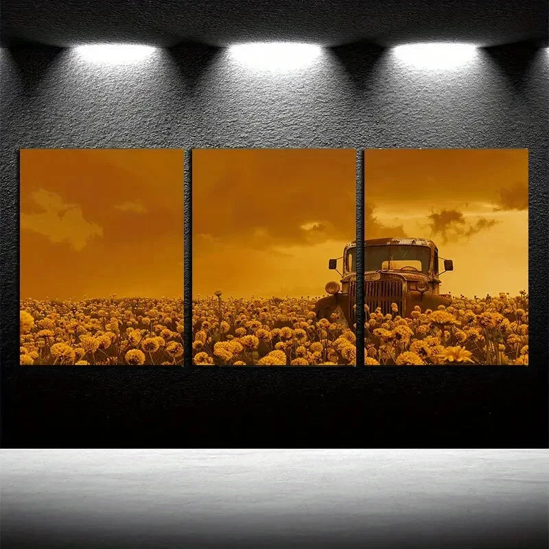 3pcs Rustic Trucks Half Buried On The Grass Metal Print Ready to Hang Art - Bella Home Decor