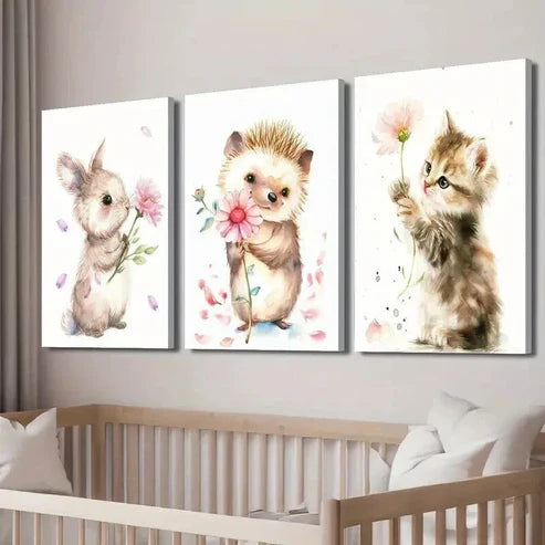 3pcs Rabbit Hedgehog Kitten Holding Flowers Wall Art Canvas Unframed - High Quality Print 100% Australian Made Wall Canvas