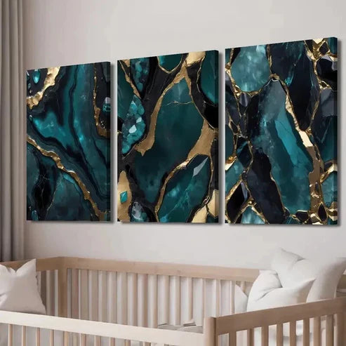 3pcs Stylish Blue & Golden Marble Fluid Decor Wall Art Set Canvas Unframed - High Quality Print 100% Australian Made Wall Canvas