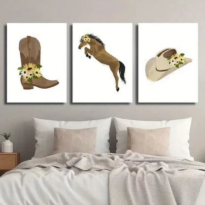 3pcs Hat & Jumping Horse Yellow Daisy Wall Art Set Canvas Unframed - High Quality Print 100% Australian Made Wall Canvas