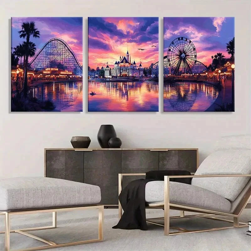 3pcs Theme Park Sunset Triptych Vibrant Perfect Wall Art Set Canvas Framed 40x60cm - High Quality Print 100% Australian Made Wall Canvas Ready to Hang