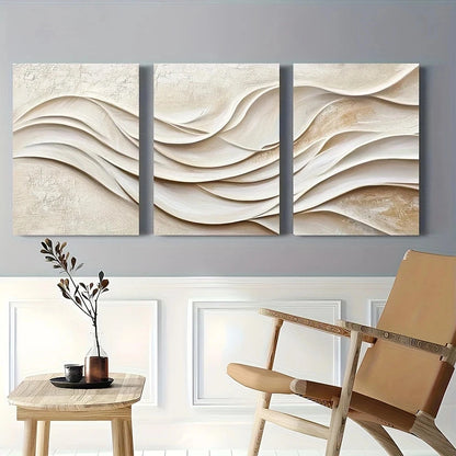 3pcs Abstract Wave White and Beige Design Texture Metal Print Ready to Hang Art - Bella Home Decor