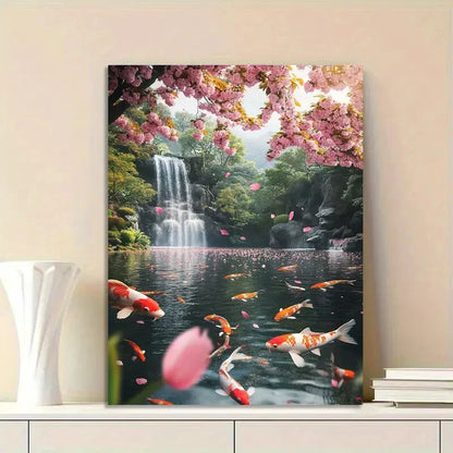 Beautiful Koi Pond with Cherry Blossoms Floating 40x60cm Metal Print Ready to Hang