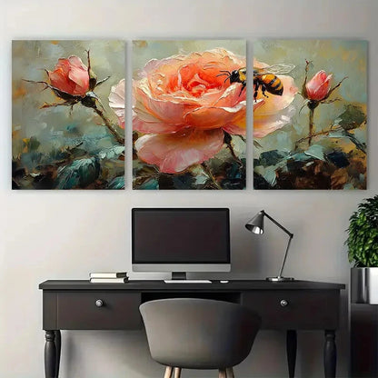 3pcs Vibrant Rose Flowers with Honeybee Design Metal Print Ready to Hang Art - Bella Home Decor