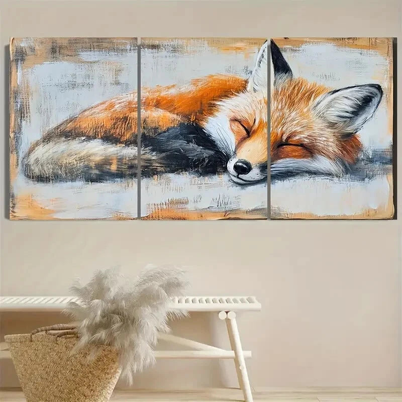 3pcs Rustic Red Fox Sleeping Illustration Metal Print Ready to Hang Art