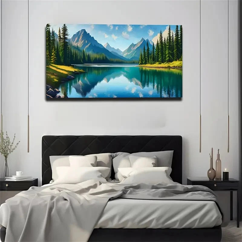 Serene Mountain Lake Scene Pine Wall Art Canvas Office Home Room Framed 120x60cm