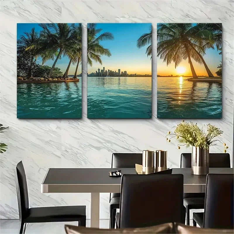3pcs Brisbane Tropical Palm Tree Cityscape Wall Art Set Canvas Framed 50x70cm - High Quality Print 100% Australian Made Wall Canvas Ready to Hang - Bella Home Decor