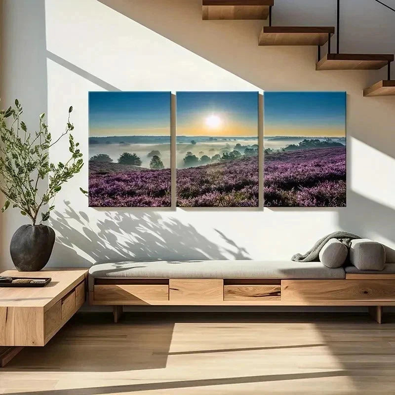 3pcs Lavender Field Sunset Landscape Wall Art Set Canvas Framed 60x90cm - High Quality Print 100% Australian Made Wall Canvas Ready to Hang