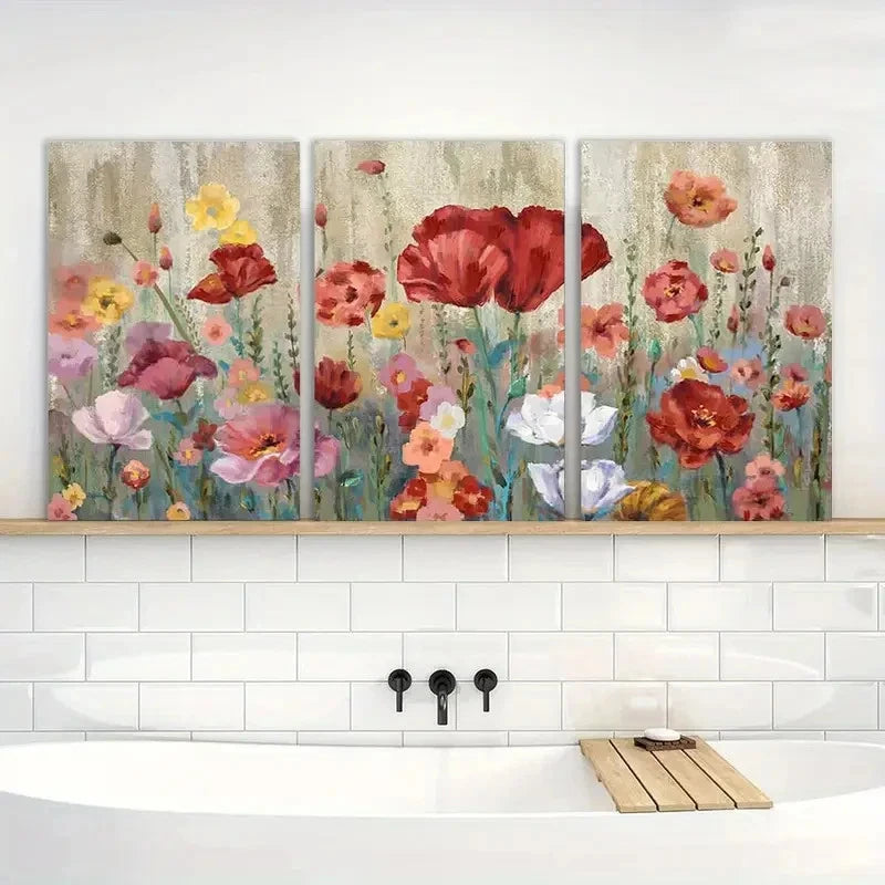 3pcs Elegant Floral Red Yellow Pink Blossom Metal Print Ready to Hang Art - Bella Home Decor