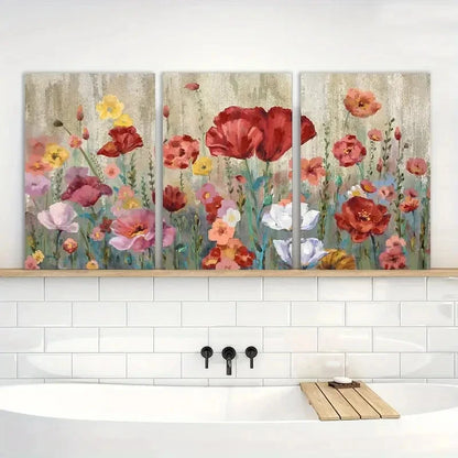 3pcs Elegant Floral Red Yellow Pink Blossom Metal Print Ready to Hang Art - Bella Home Decor