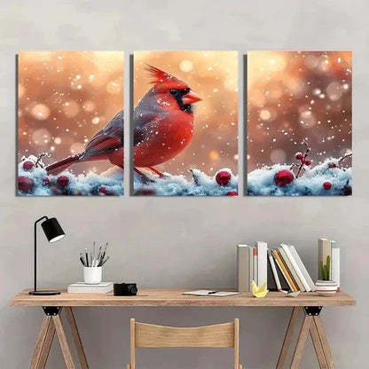 3pcs Vibrant Cardinal in Snowflakes & Berries  Wall Art Set Canvas Unframed - High Quality Print 100% Australian Made Wall Canvas