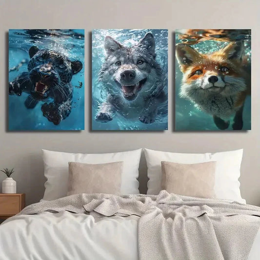 3pcs A Black Panther Wolf And Fox Swimming Metal Print Ready to Hang Art
