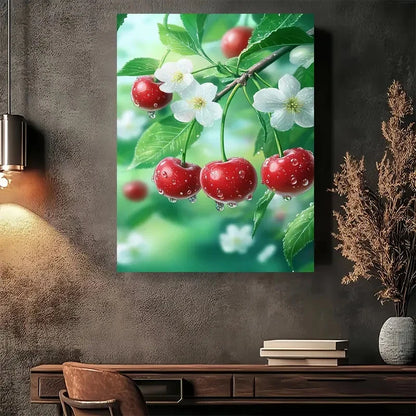 Beautiful Vibrant Red Cherries White Blossom Painting 40x60cm Metal Print Ready to Hang - Bella Home Decor