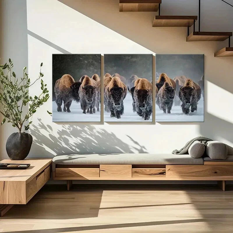 3pcs Winter Bison Herd Snow Landscape Photography Metal Print Ready to Hang Art - Bella Home Decor