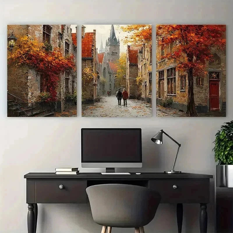3pcs Autumnal Brugge Streets Couple Perfect Wall Art Set Canvas Framed 60x90cm - High Quality Print 100% Australian Made Wall Canvas Ready to Hang - Bella Home Decor