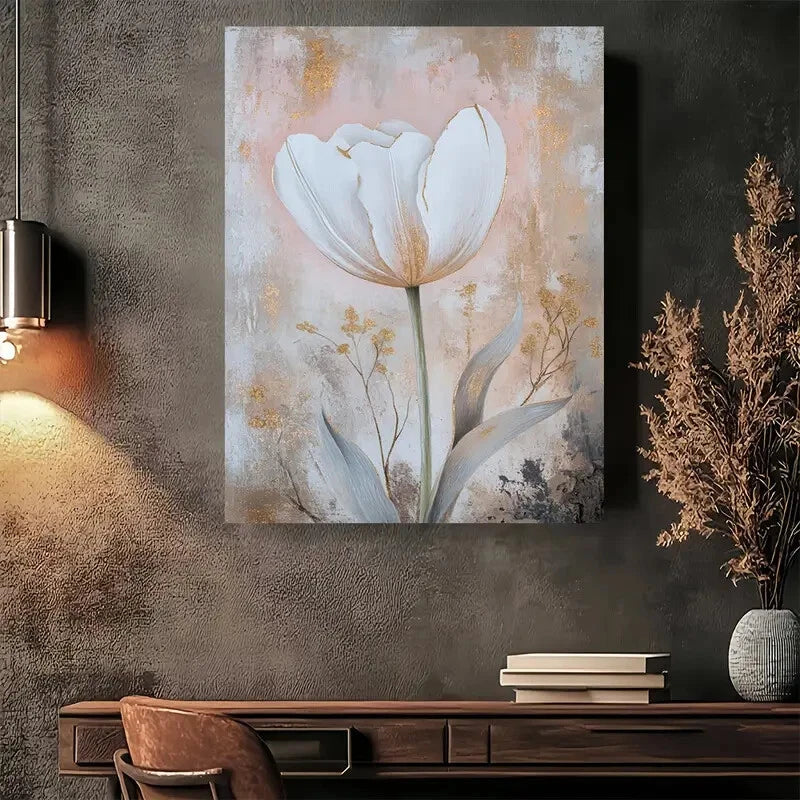 Beautiful Elegant White Tulip Golden Accents Painting 40x60cm Metal Print Ready to Hang - Bella Home Decor