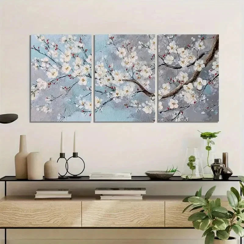 3pcs Cherry Blossom Painting on Grey Background Metal Print Ready to Hang Art - Bella Home Decor