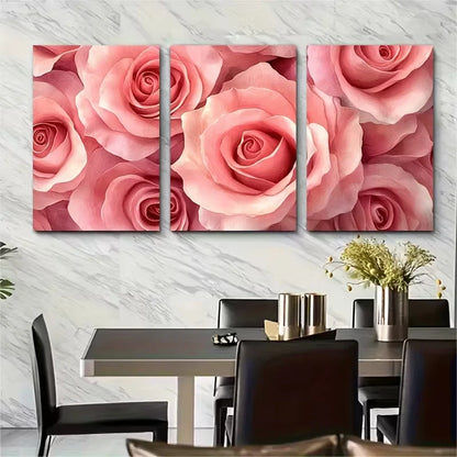 3pcs Blush Pink Rose Bouquet Watercolor Metal Print Ready to Hang Art - Bella Home Decor