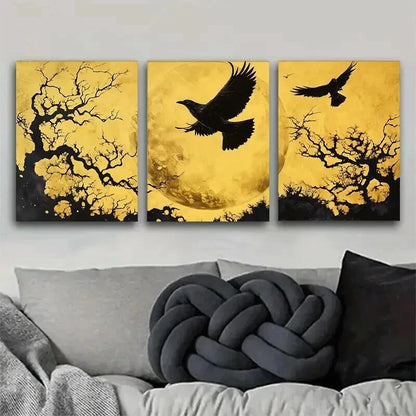 3pcs Moonlit Raven Flying Crows Golden Perfect Wall Art Set Canvas Framed 50x70cm - High Quality Print 100% Australian Made Wall Canvas Ready to Hang