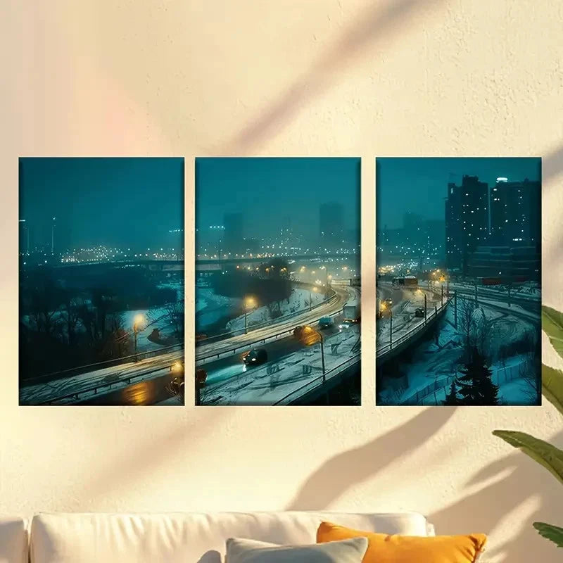 3pcs Cityscape in Foggy Night Wall Art Set Canvas Framed 60x90cm - High Quality Print 100% Australian Made Wall Canvas Ready to Hang - Bella Home Decor