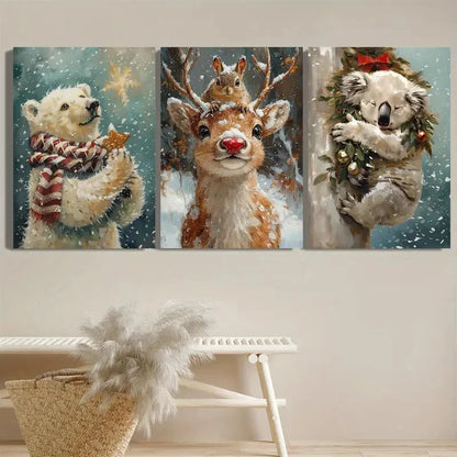 3pcs Cozy Winter Scene  Bear, Deer & Koala Wall Art Set Canvas Framed 40x60cm - High Quality Print 100% Australian Made Wall Canvas Ready to Hang - Bella Home Decor