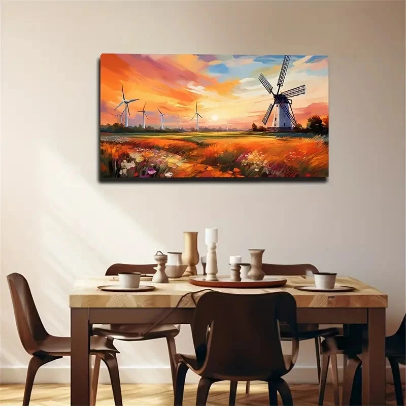 Windmill Sunset Glow Wall Art Canvas Office Home Room Framed 120x60cm
