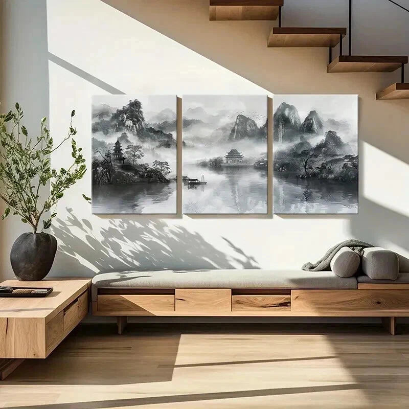 3pcs Black & White Chinese Landscape Wall Art Set Canvas Framed 40x60cm - High Quality Print 100% Australian Made Wall Canvas Ready to Hang