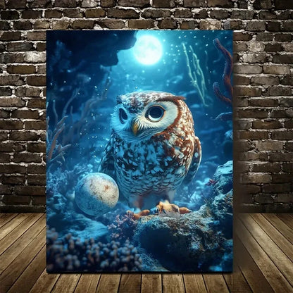 Enchanting Owl Underwater Coral Reef Scene  40x60cm Metal Print Ready to Hang - Bella Home Decor