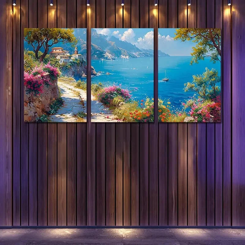 3pcs Vibrant Mediterranean Coastal Village Sea Wall Art Set Canvas Framed 60x90cm - High Quality Print 100% Australian Made Wall Canvas Ready to Hang - Bella Home Decor