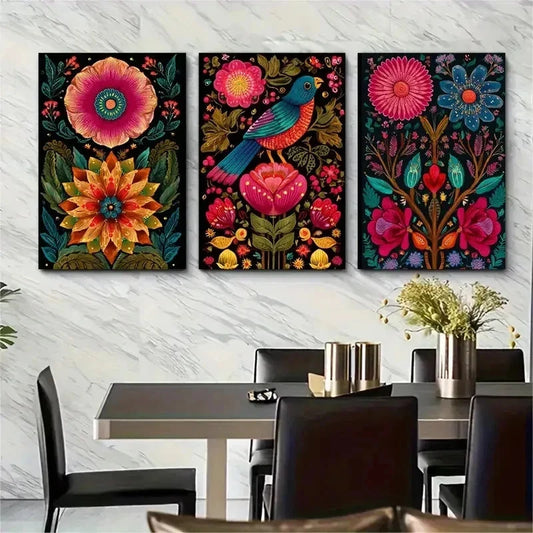 3pcs Mexican Vintage Floral Prints Perfect Wall Art Set Canvas Framed 50x70cm - High Quality Print 100% Australian Made Wall Canvas Ready to Hang
